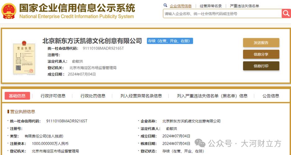 信用信息公示系统发现,北京新东方沃凯德文化创意于近日成立